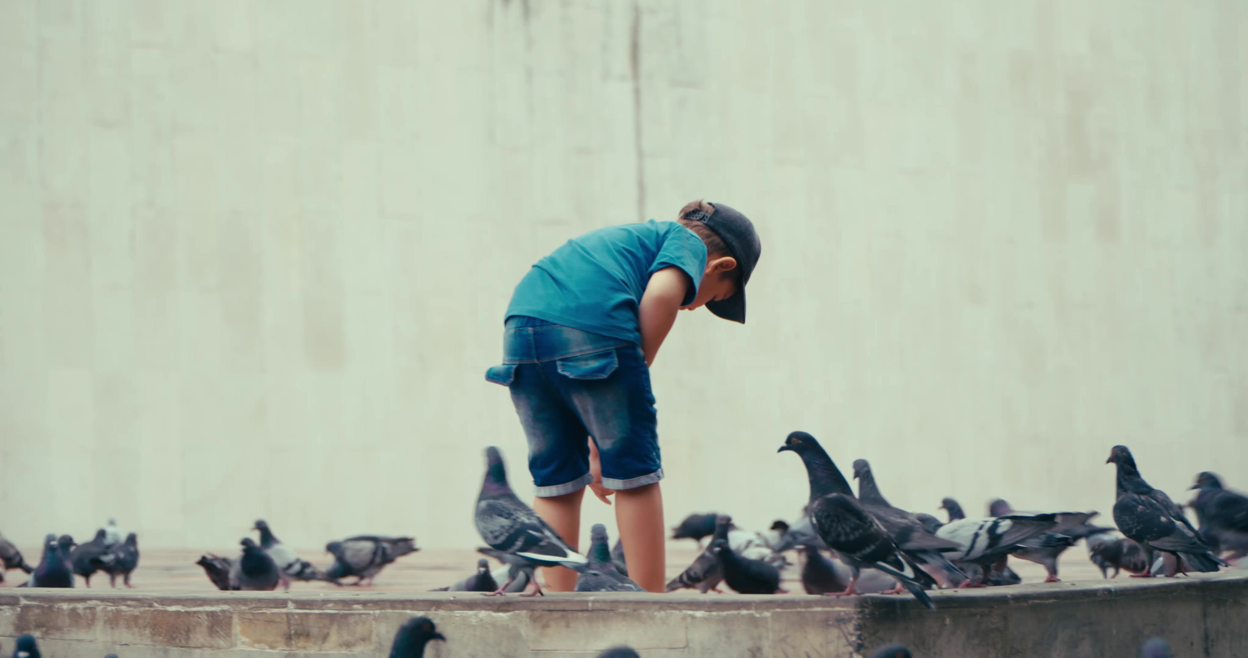 Niño rodeado de palomas en un espacio urbano